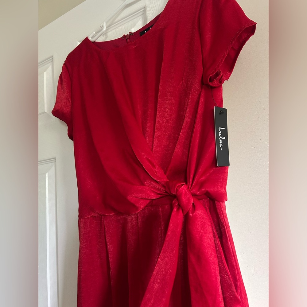 Lulu’s Red Satin Wrap Jumpsuit - Picture 4 of 5